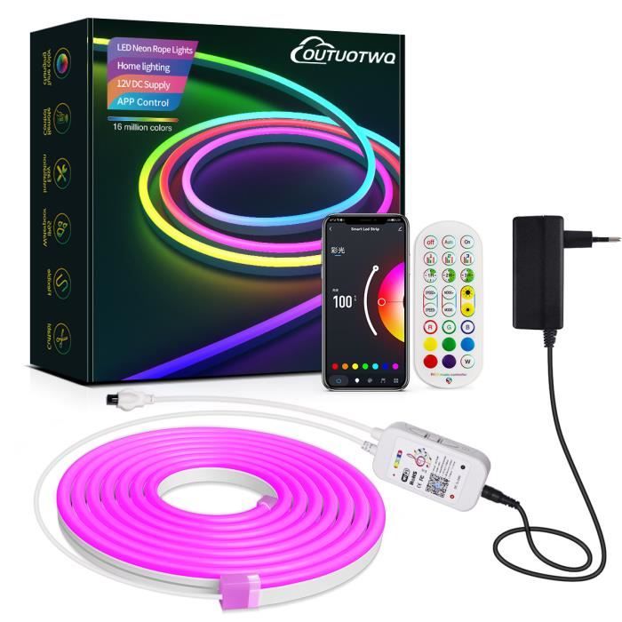 OUTUOTWQ 2M Néon Ruban LED, RGBIC Bande LED WiFi Contrôle APP et  Télécommande Étanche IP67 Compatible avec Alexa Multicolore - Cdiscount  Maison
