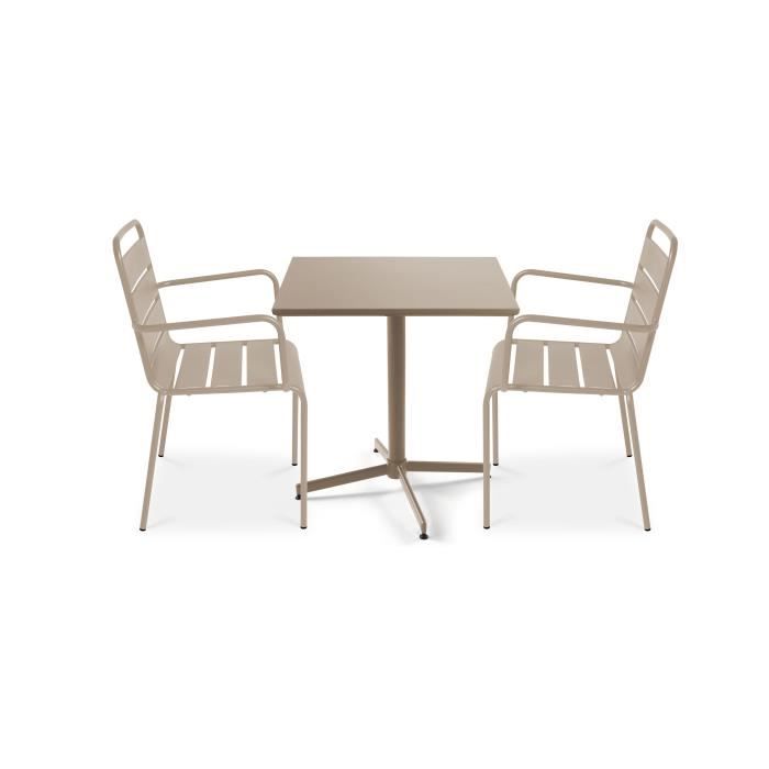 Ensemble table de jardin bistrot rabattable et 2 fauteuils - Acier - Palavas - Taupe