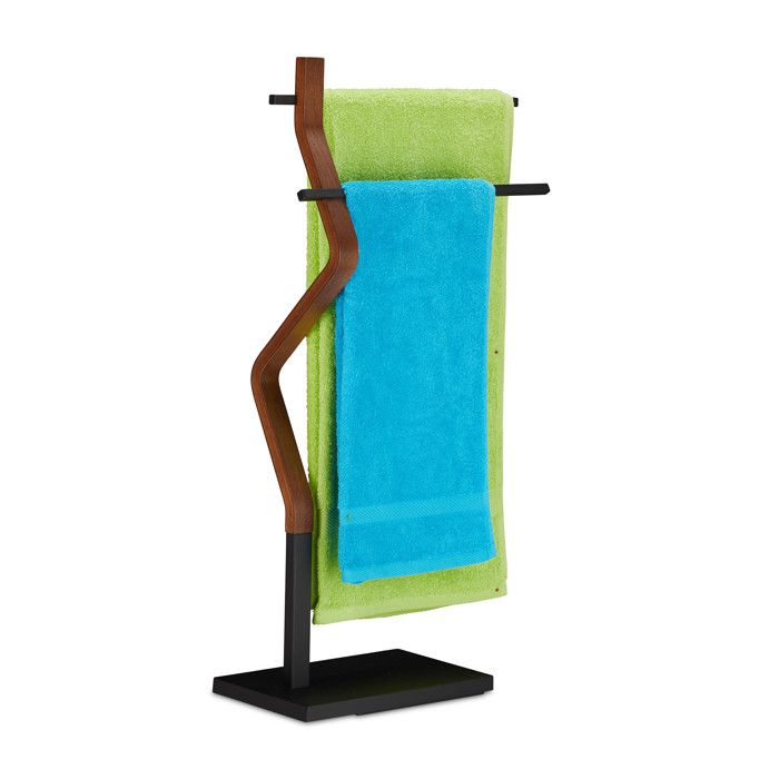 Relaxdays Porte-serviettes autonome Support à torchons 2 barres pour lavettes bois & métal noir/marron