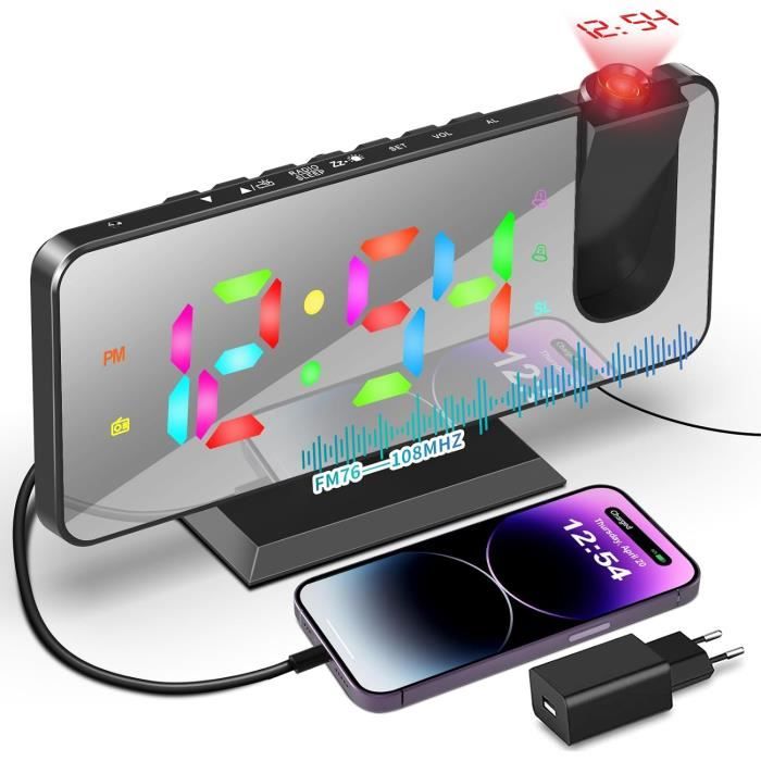 Réveil Projecteur Plafond 7,5 Pouces VCKHRRY - Radio FM, Projection LED Réglable, 2 Alarmes & Port USB Pour Chambre