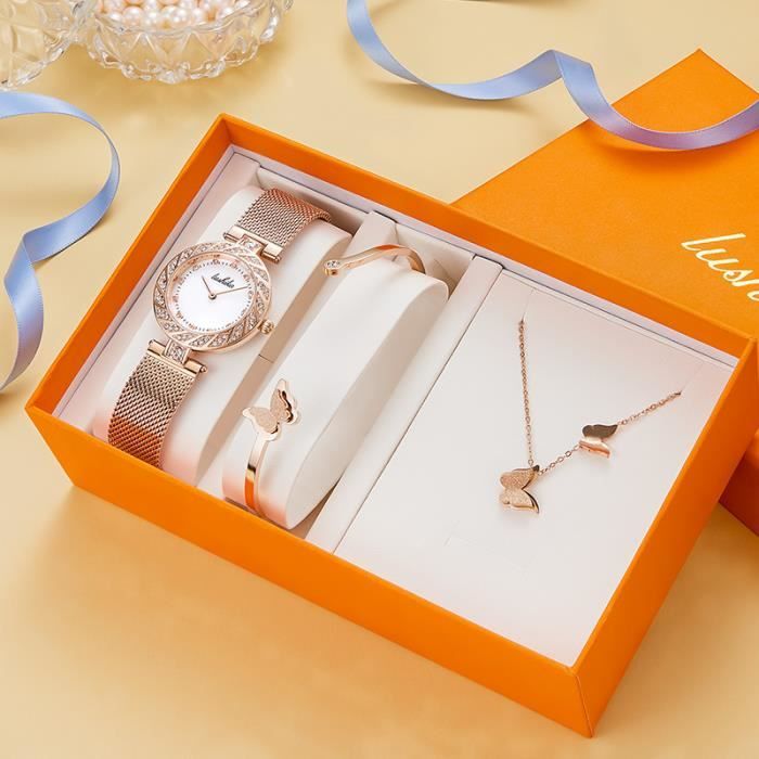 Coffret montre femme + bracelet + collier – papillon de luxe diamant cadeau d'anniversaire