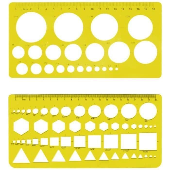 2 Normographes Géométriques - Gabarits Dessin Architecte - Cercles, Carrés, Triangles - Plastique Vert Transparent