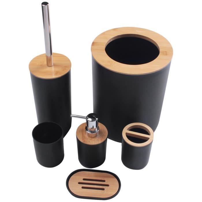 Ensemble Salle De Bain En Bambou - 4 Pièces (porte-brosse à Dents, Distributeur, Gobelet, Porte-savon) - Noir - 8