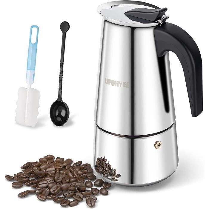 Milu cafetière Italienne Induction | 2, 4, 6, 9 Tasses | Cafetière Moka en INOX, Espresso Maker Acier Inoxydable, Ensemble comprenant un sous-verre, une cuillère, un pinceau (4 tasses 200ml