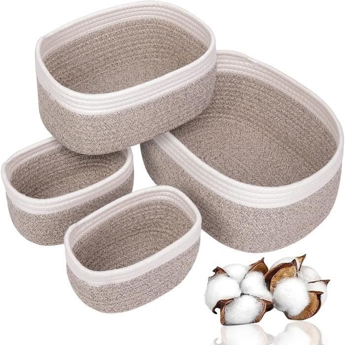 Aevcvok Lot de 4 Panier Rangement,Panier Tressés en Jacinthe d'eau et Coton, Panier de Rangement Salle de Bain,Cuisine,Corbeille Rangement Panier,Organisateur Boîtes de Rangement pour la Salon,Blanc