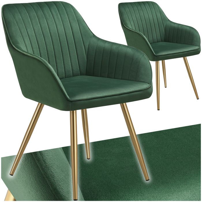 Chaise - TECTAKE - Lot de 2 chaises MARYLIN effet velours capitonné rembourrée et pieds acier doré 58 x 62 x 82 cm - Vert foncé/Or