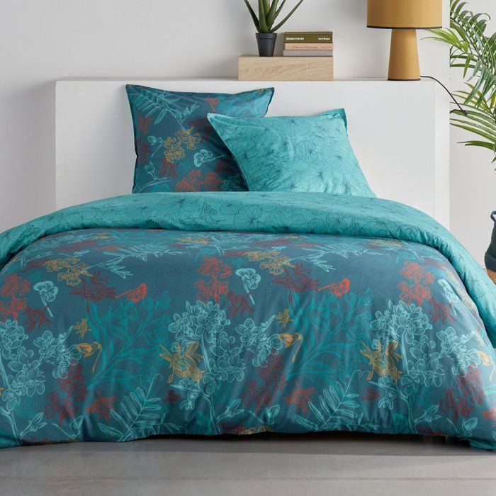 Parure de Lit - 260 x 240 cm - Coton Imprimé Feuillage Exotique Bleu Canard - TODAY SUNSHINE