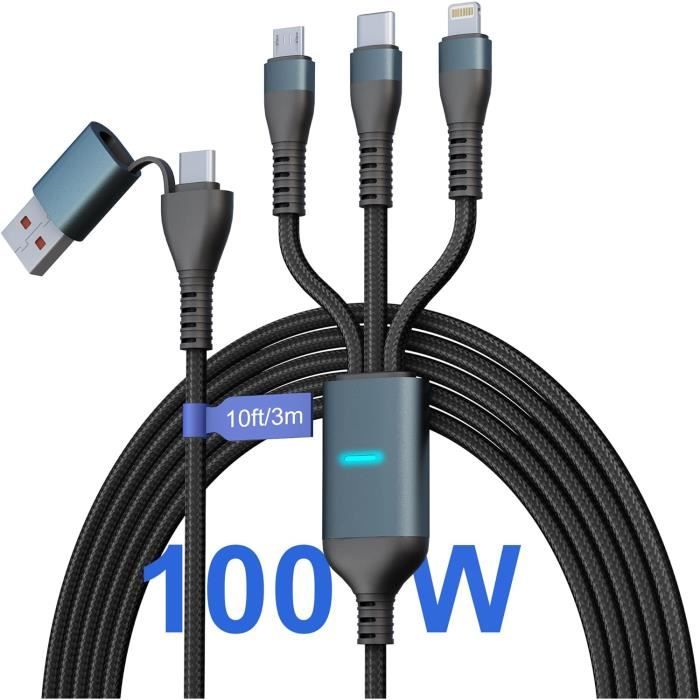 100W Câble Multi Usb 3 En 2 Câble Universel [3M, Certifié Apple Mfi] Cable  Usb Multi Embout Avec Micro Usb Type C Lightning C[J2402]