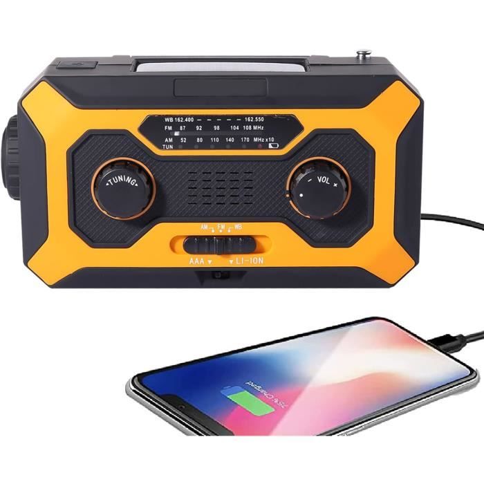 Radio Solaire Urgence AM/FM/SW - Manivelle, Torche LED, Chargeur USB 2000mAh, SOS (Camping, Outdoor)
