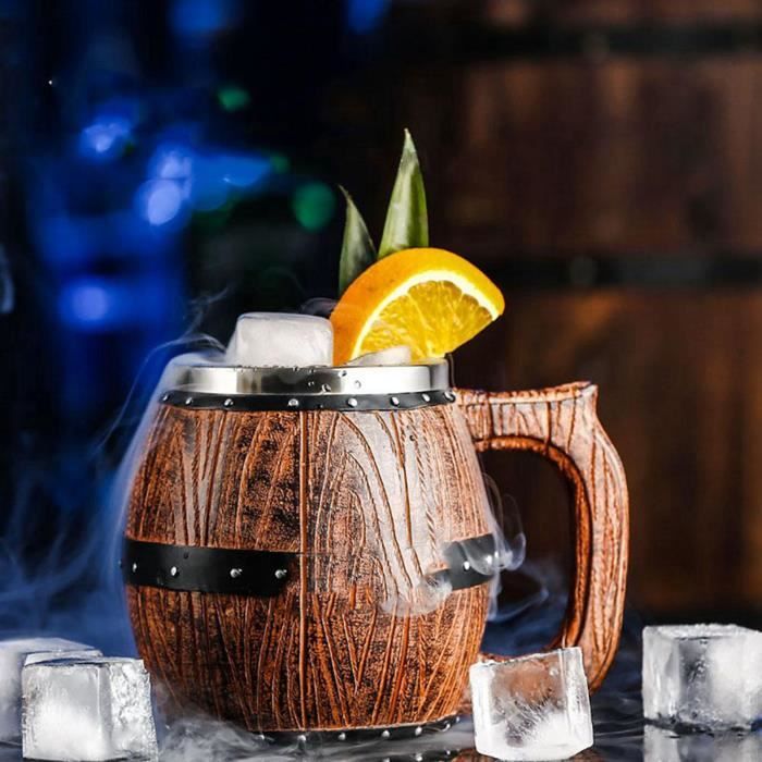 EUBEISAQI Chope à Bière Tonneau En Bois | Tasse à Cockta à Double Paroi En Acier Inoxydable,Tasse En Acier 600 ML Pour Cacao, Bière, Café, Lait, Cocktail, Whisky Et Plus
