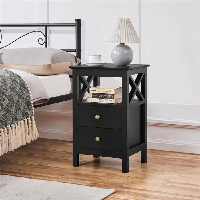 Table de Chevet Noir avec 2 Tiroirs et 1 Étagère - YAHEETECH - Bout de Canapé - MDF Métal Plastique - Blanc