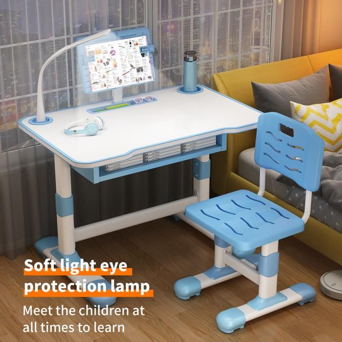 Bureau D'étude Enfant Réglable En Hauteur Avec Chaise Et Lampe LED - Support Inclinable, Tiroir Bureau Enfant Réglable Hauteur