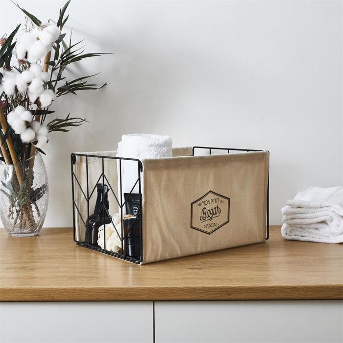 Bac de Rangement Pliable en Métal Noir et Tissu Blanc 38x28cm - LOUANE ...