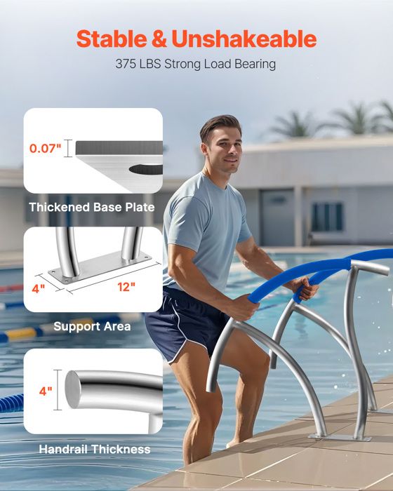 Perche Piscine VEVOR Rampe Piscine INOX Main Courante Rail Barre D'Appui De Piscines Tube Avec Housse Poignu00e9e Pour Sortie Entru00e9e Piscine Spa Parc Aquatique (54 X 36 Rampe Piscine Animaux