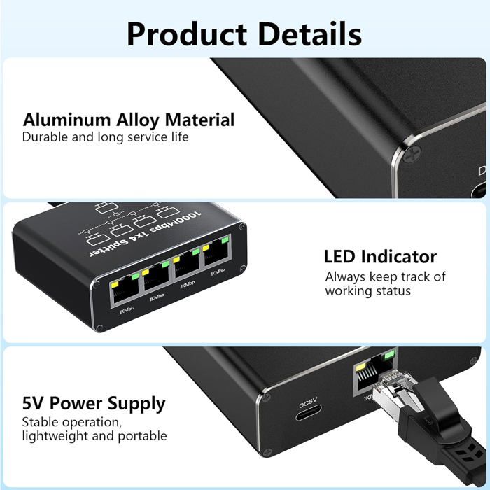 4 Port Ethernet Switch Rj45 Splitter 1000Mbps Multisocket Hub Ethernet ...