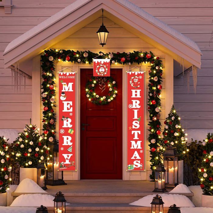 Bannière "Merry Christmas" Pour Décoration Noël - 2 Pièces 30x180cm, Rouge, Tissu Oxford - 3