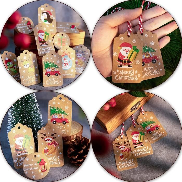 100 Pièces Etiquettes Cadeaux Étiquettes en Papier kraft de Noël Etiquette  d'arbre de Noël avec 2 rouleaux de 10 m de Ficelle de Jute pour Bricolage