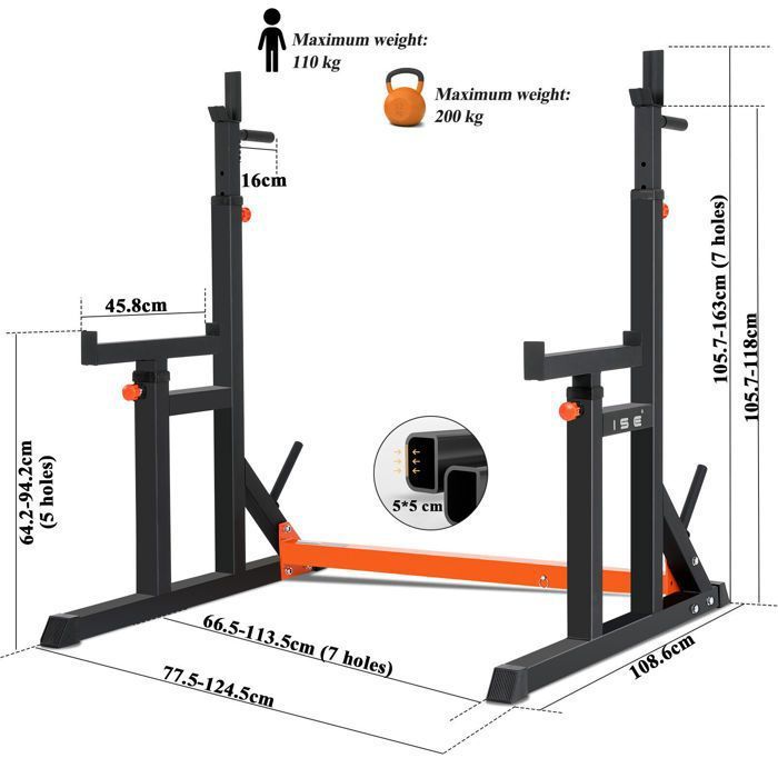 ISE Cage de Squat Support de Squat Reglable Rack de Squat avec Barre de Support pour Halteres Charge Max.200kg 15 niveaux de Cdiscount Sport