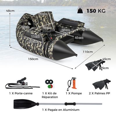 COSTWAY Bateau De Pêche Gonflable – Porte-canne Réglable, Pagaies Alu, Palmes, Pompe, Capacité 150 Kg, 2 Chambres à Air