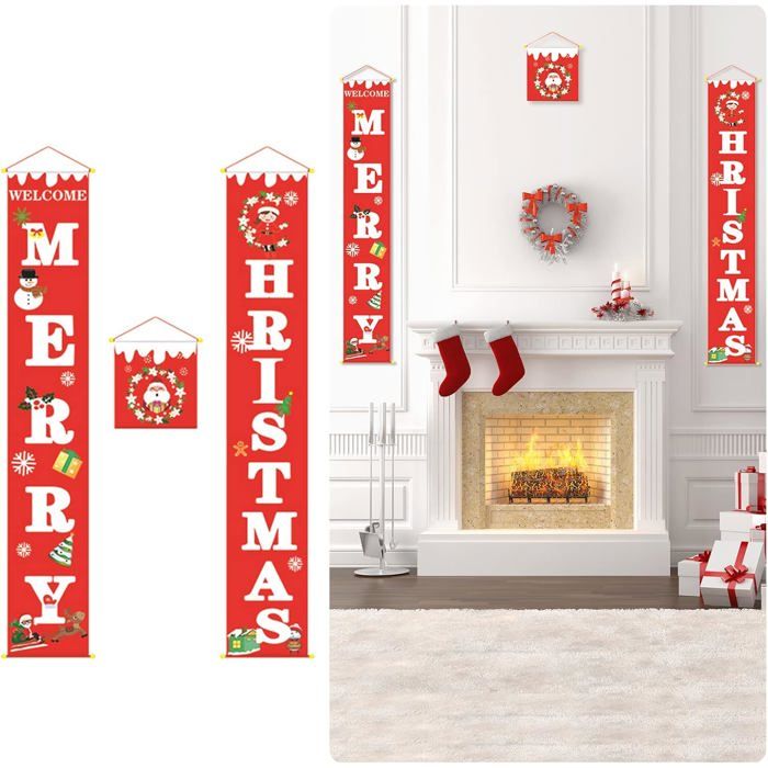 Bannière "Merry Christmas" Pour Décoration Noël - 2 Pièces 30x180cm, Rouge, Tissu Oxford - 5