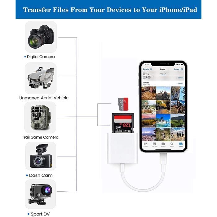 Adaptateur Lightning vers lecteur de cartes SD pour iPhone et iPad