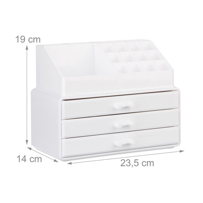Organisateur Maquillage Avec Tiroirs – 24.5x12x9.1 Cm, 2 Tiroirs + 11 Compartiments – ABS Blanc – Pour Coiffeuse, Bureau