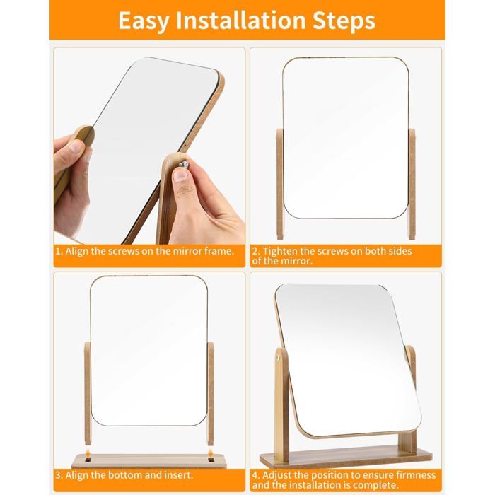 DEANKEJI Miroir à Poser Bois - Petit Miroir Maquillage Angle Réglable Sur Pied, Base En Bois Naturel