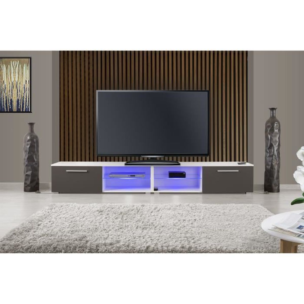 Meuble Tv Avec Niche Barre De Son Iowa Meuble Tv Led Blanc Gris Achat Vente Meuble Tv Iowa