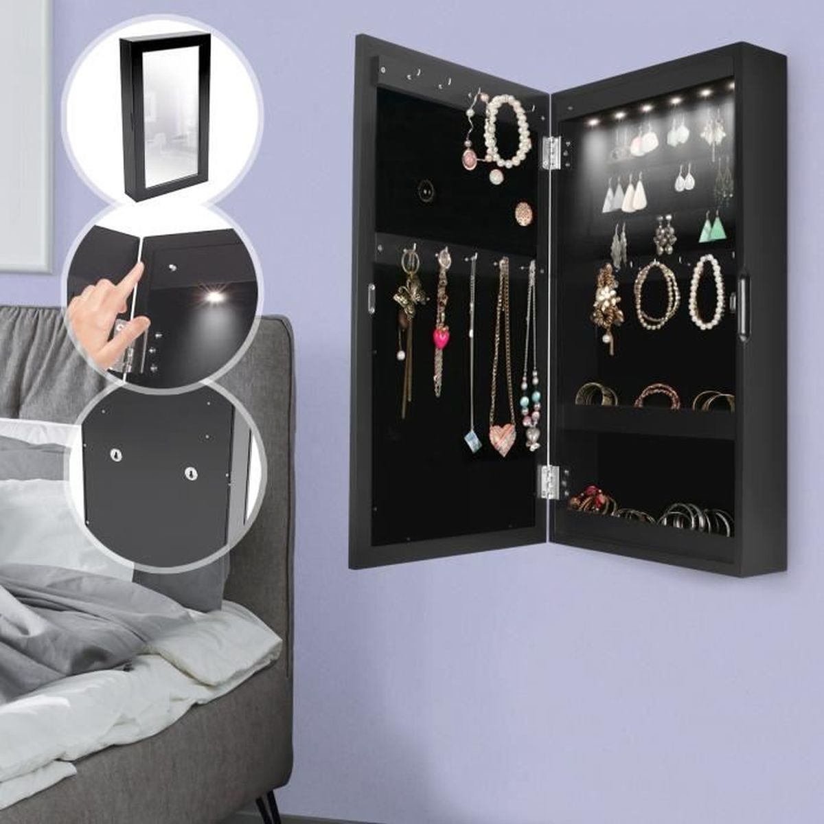 Armoire à Bijoux avec Miroir Murale, avec Fermeture Magnétique