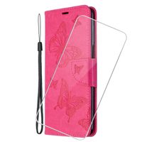 Verre trempé+Housse pour Xiaomi Redmi Note 13 Pro 5G/Poco X6 5G, Coque en Cuir PU Magnétique Flip Portefeuille Etui, Papillon rose