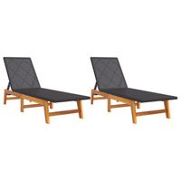 Lot de 2 transats chaise longue bain de soleil lit de jardin terrasse meuble d exterieur noir/marron resine tressee/bois d acacia