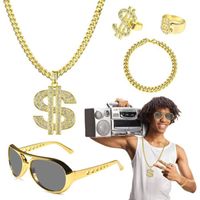 5 pcs Kit de Costume Hip Hop,Chaînes de dollar,Lunettes de Soleil Bague Chaîne de Dollar d'or,Hip Hop Homme Femme Chaîne Plaqué Or