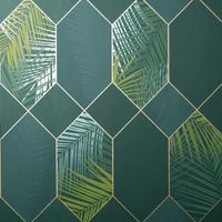 Miami Geometric Leaf Wallpaper Emerald - Gold Fine Decor FD42836