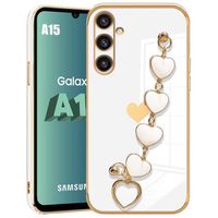 Coque pour Samsung Galaxy A15 4G-5G, Antichoc en Silicone Flexible, Style Luxe à Motif d’Amour Or et Bracelet Cœur, Blanc