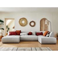 Canapé panoramique d'angle droit 7 places en tissu gris clair - Lisa Design