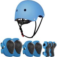 Enfant Vélo Kit de Protection Roller Casque Ajustable Coudières Genouillère Protège-Poignets Ensemble de Protection(Bleu)