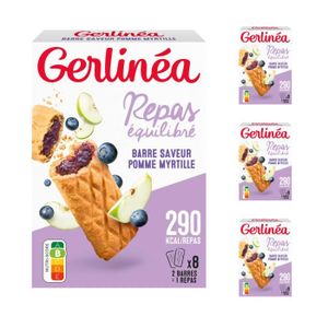 SUBSTITUT DE REPAS Gerlinéa - Lot de 4 boîtes Barres Fourrées  Pomme Myrtille - Repas équilibré et rapide - Riche en Protéines - Source de Fibres