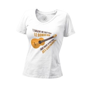 T-SHIRT T-shirt Femme Col V Guitare - L'argent ne Fait Pas le Bonheur Musique