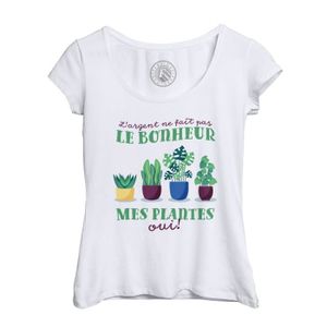 T-SHIRT T-shirt Femme Col Echancré Blanc Mes Plantes - L'argent ne Fait Pas le Bonheur Déco