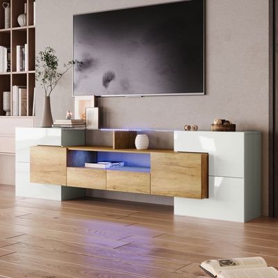 Meuble TV 65 Pouces Blanc Avec éclairage LED 20 Couleurs - 2 étagères Et Placard