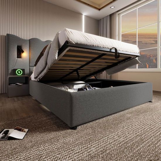 Cadre De Lit Double 140x200 Cm Avec Tête De Lit Rembourrée – Ports USB/Type-C, LED, Rangement Sous Lit – Blanc, Assemblage Requis