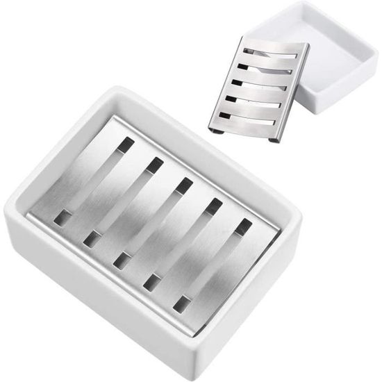 Porte-Savon Double Couche Céramique Et Acier Inox - Auto-Drainant, Pour Salle De Bain Ou Douche - 6