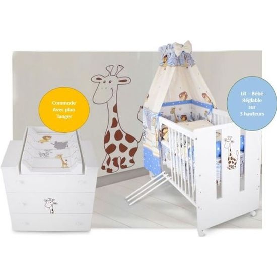 BB Berceau bebe lit bébé 120 x 60 cm +Set de lit+ Commode à langer Girafe bleu 