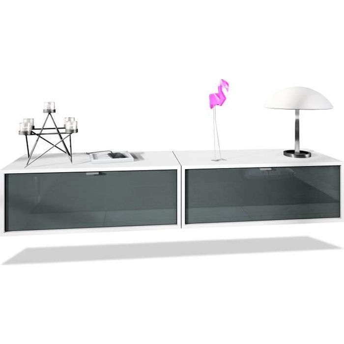 Ensemble de 2 set meuble TV Lana 80 armoire murale lowboard 80 x 29 x 37 cm, caisson en blanc mat, façades en Gris haute brillance