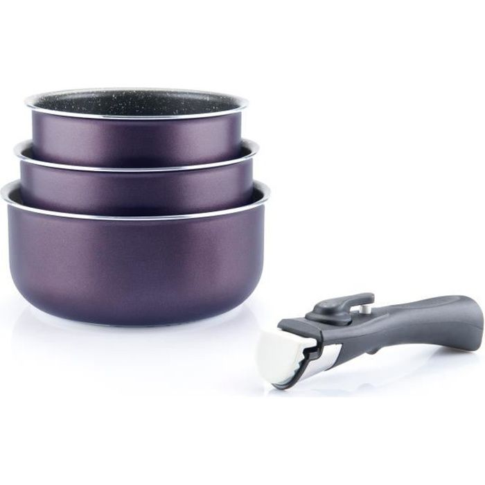 ARTHUR MARTIN Amovible set de 3 casseroles 16-18-20 cm + 1 poignée PRUNE