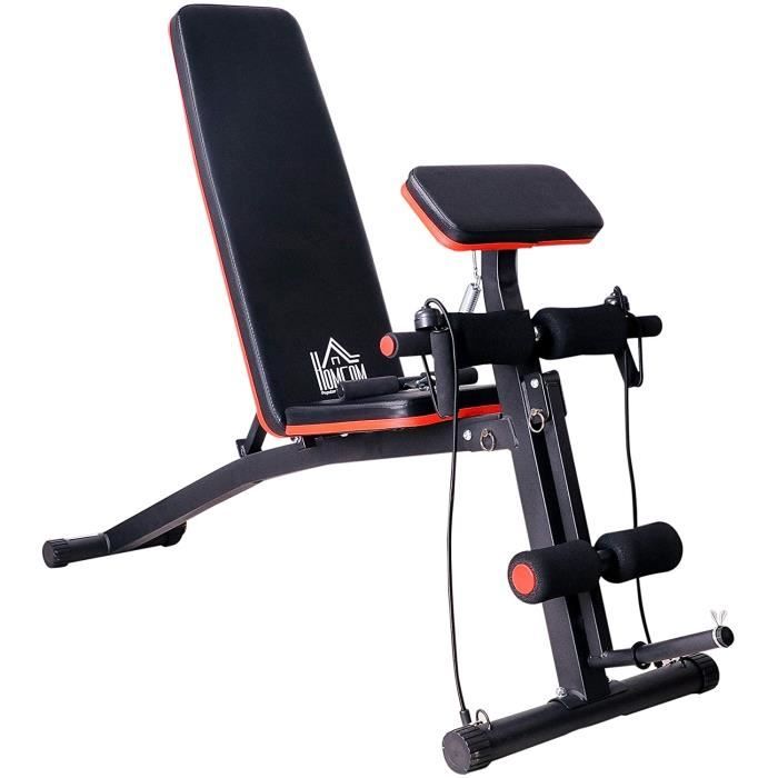 Homcom Banc de Musculation Pliable inclinable réglable 153L x 53l x 102H cm Sangles élastiques + Support haltères Inclus Acier Noir