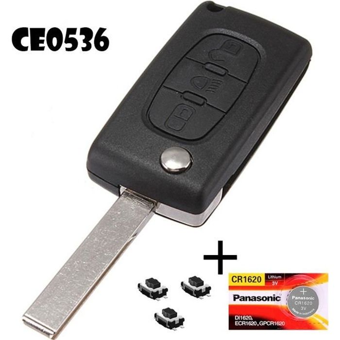 CLE PLIP 3 boutons phare CE0536 AVEC rainures compatible avec PEUGEOT CITROEN + pile + 3 switchs COQUE TELECOMMANDE @Pro-Plip