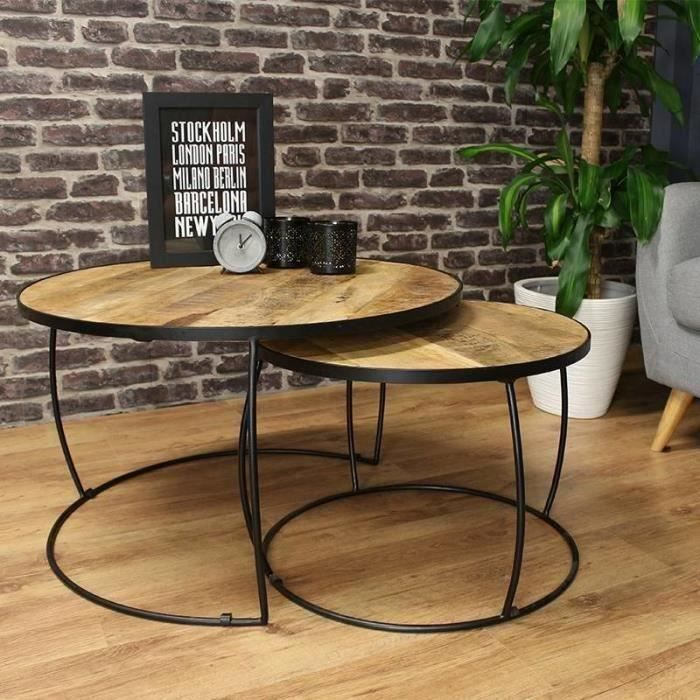 Table Basse Industrielle Double Plateaux Bois Massif Alec