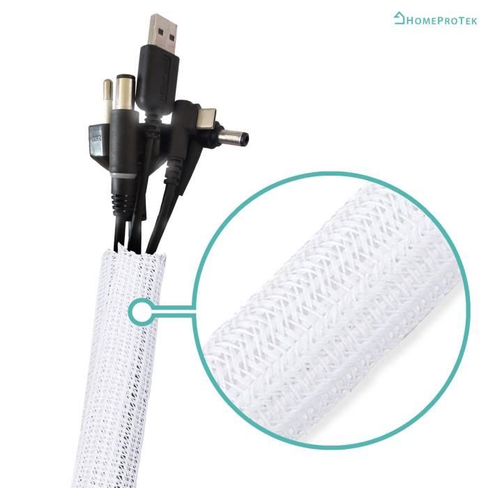 Gaine de câble flexible auto-bloquante HomeProTek - en tissé découpable - BLANC - 3m - diamètre 13-20 mm - Cache câbles bureau TV