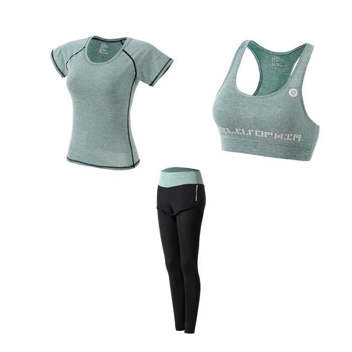 Ensemble de vêtements de sport femmes 3 pièces de Yoga(Soutien-gorge+T shirt+Pantalon) Jogging Fitness Séchage rapide